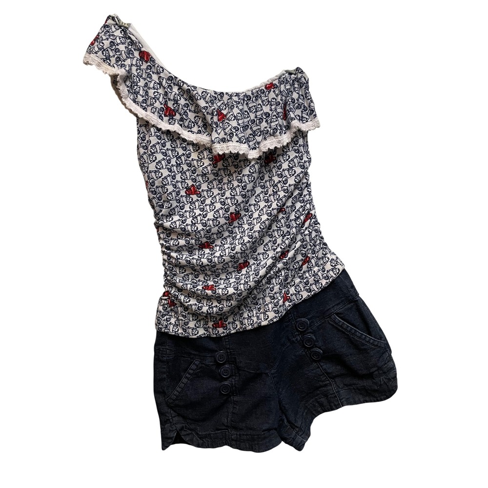 Rewind Womens One Shoulder Romper Bicycle Print Ruffle Lace Denim Shorts Small